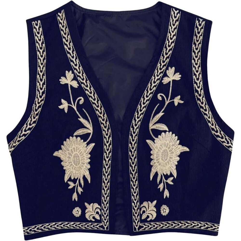 Women's Dark Blue Cowgirl Vest Western Outfit Linen Vest Embroidered Boho Tops